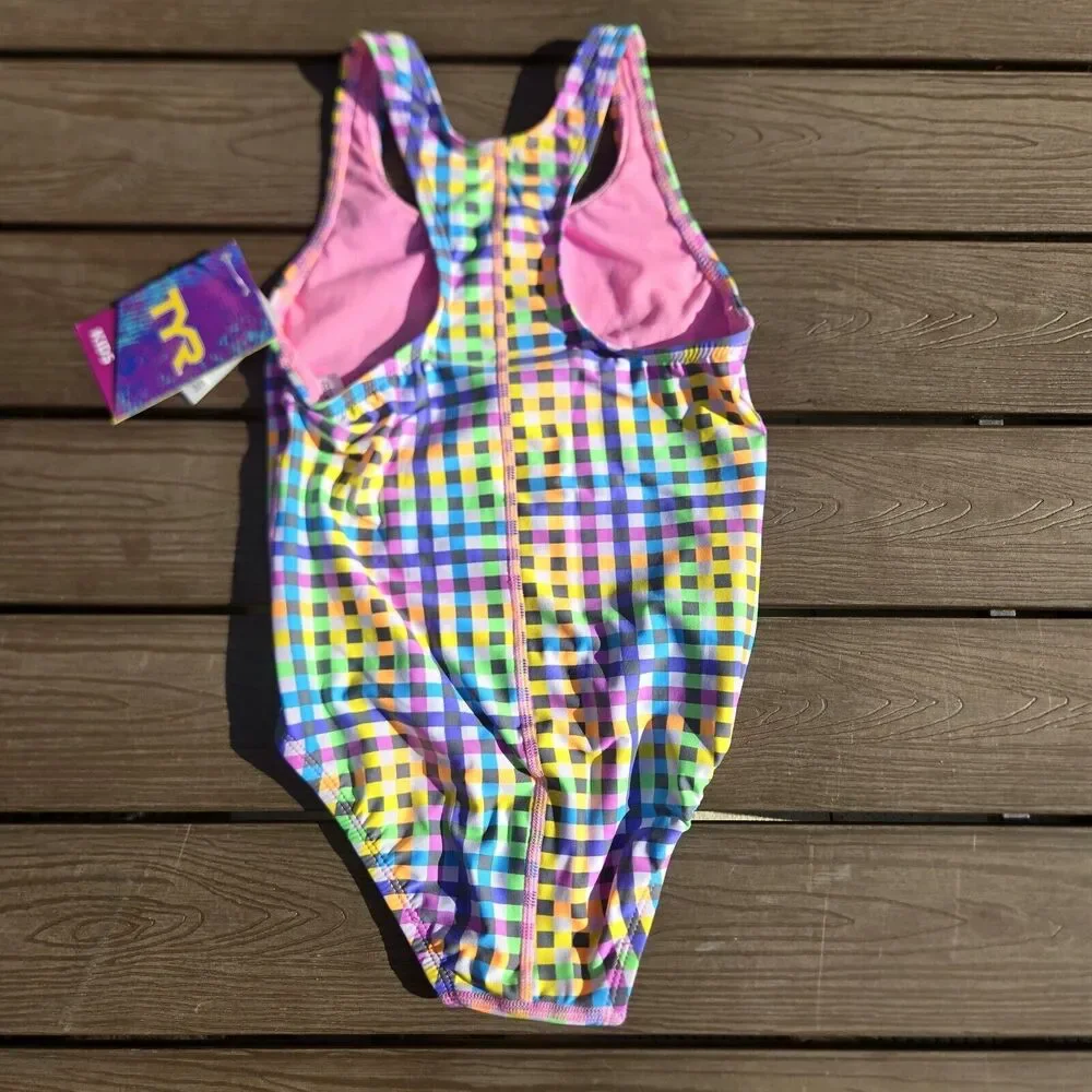 TYR Girl's Multicolor Sunset Plaid rainbow One Piece size 8, 12, 14, 16 New